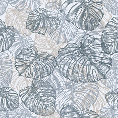 Botanical seamless pattern with leaves of tropical plants on light gray background. Pen and ink hand-drawn outlines. Vector image. Exotic plants in neutral colors. Jungle foliage illustration.