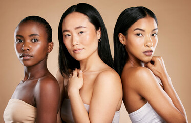 Skincare, diversity, and portrait of multicultural models with salon hair on studio background....