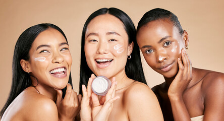 Beauty, face cream and portrait of friends in studio for wellness, grooming and hygiene on brown...