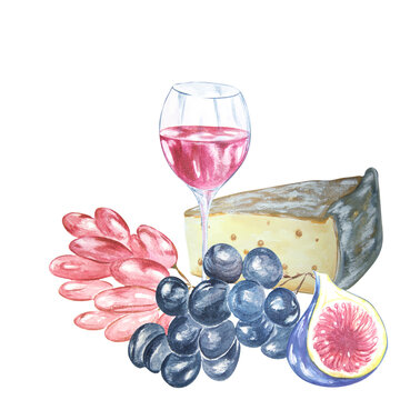 Watercolor composition of a glass of wine, grapevine and cheese. Raster Handmade.