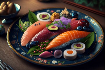 Delicious Plate of Colorful Sushi on Plate, Shiny and Tasty, Sashimi, Sushi Rolls