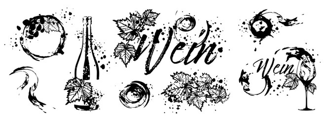 Vector hand drawn template illustration of wine, bottles and glasses. Art for menu, shop, market or sale. Wine bottles with wine squirts. Sketchy collection of grape leaves and different wine elements