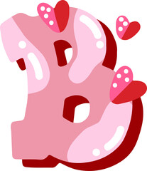 Candy pink glossy font design. Pastel pink and paper heart decor letters ABC. Sweets for girls. Letter B