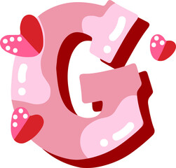 Candy pink glossy font design. Pastel pink and paper heart decor letters ABC. Sweets for girls. Letter G