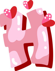 Candy pink glossy font design. Pastel pink and paper heart decor letters ABC. Sweets for girls. Letter H