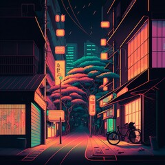 Vector of Japenese Night Street Alley Colorful with Bike and Shops