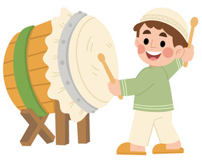 Illustration of a boy beating the bedug