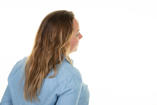 Plus Size Behind Model In Blue Shirt Blonde Chubby Woman Rear Long Hair On White Background