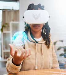 Virtual reality, vr metaverse or woman with globe hologram, 3d cyber planet or ai augmented reality. Elearning, globalization overlay and black student with earth, world or future learning innovation