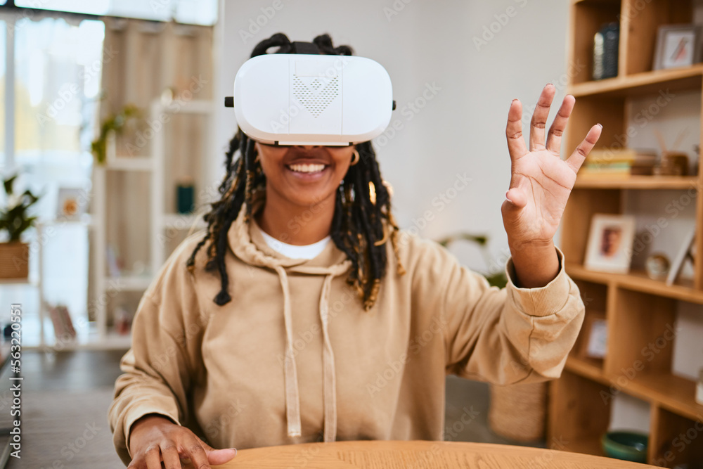 Aufkleber virtual reality, vr metaverse and black woman touch cyber ui dashboard, augmented reality or future 