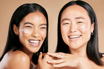 Woman, skincare and portrait of face cream product in studio for wellness and skin on isolated brown background. Diversity, mask and friends relax for beauty, sunscreen and lotion, luxury and pamper