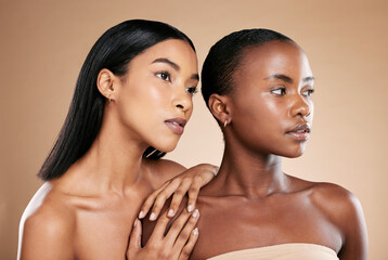 Skincare, beauty women and friends in studio for dermatology, makeup and cosmetics. Black people...