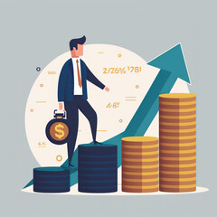 Businessman climbing money coins with up arrow and percentage symbol for financial banking increase interest rate investment dividend from business growth concept. Generative AI - obrazy, fototapety, plakaty