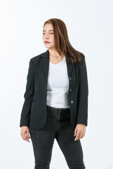 Obraz premium Portrait isolated cutout studio full body shot of Asian confident female professional successful businesswoman in formal black suit high heels standing post look at camera on white background