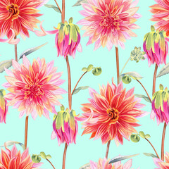 Watercolor dahlias watercolor seamless pattern. Large pink coral flowers endless background for fabric and wallpaper. Delicate colors botanical backdrop. Hand drawn realistic illustration.