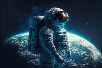 An astronaut wearing a spacesuit in space with a blue planet background