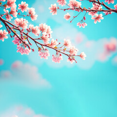 Beautiful cherry blossom or sakura tree branches on blue sky with copy space background in spring season. Illustration graphic design generative ai.