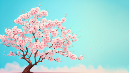 Obraz na płótnie Canvas Beautiful cherry blossom or sakura tree branches on blue sky with copy space background in spring season. Illustration graphic design generative ai.