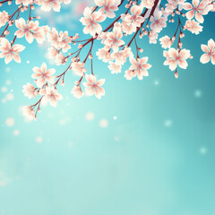Obraz na płótnie Canvas Beautiful cherry blossom or sakura tree branches on blue sky with copy space background in spring season. Illustration graphic design generative ai.