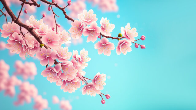 Beautiful cherry blossom or sakura tree branches on blue sky with copy space background in spring season. Illustration graphic design generative ai.