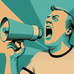 poster, illustration of a man screaming with megaphone. Generative AI - obrazy, fototapety, plakaty