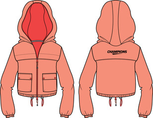 Women Lightweight Windcheater Hoodie jacket design flat sketch Illustration, Hooded windbreaker utility jacket with front and back view, wind jacket for girls and women. winter warm up top. © JERZEY DESINZ