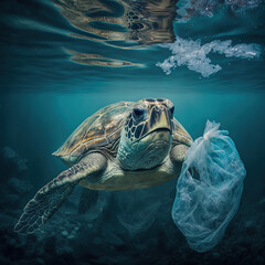 Plastic pollution in ocean environmental problem. Turtle eat plastic bags mistaking them for jellyfish. Generative AI - obrazy, fototapety, plakaty