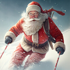 Santa Claus riding on ski, Generative AI - obrazy, fototapety, plakaty