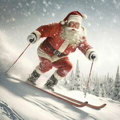 Santa Claus riding on ski, Generative AI - obrazy, fototapety, plakaty