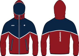 Trail running Windcheater Hoodie jacket design flat sketch Illustration, Hooded windbreaker jacket with front and back view, winter jacket for Men and women. for hiker, outerwear in winter © JERZEY DESINZ