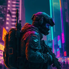 Fototapeta na wymiar A solider with realistic cyberpunk background 