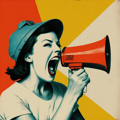 poster, illustration of a woman screaming with megaphone. Generative AI - obrazy, fototapety, plakaty