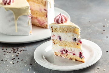 yogurt cake with wild berries, Delicious and sweet pink strawberry cake for Valentines or birthday party. Homemade bakery concept