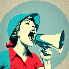 poster, illustration of a woman screaming with megaphone. Generative AI - obrazy, fototapety, plakaty