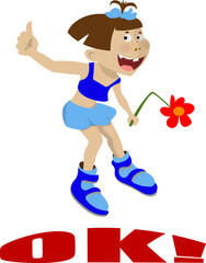 Sticker comic with funny girl  OK! Merry postcard.