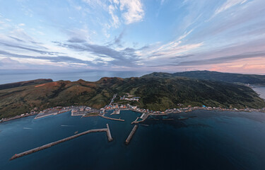 Aerial view of a town from the above in Rebun Island Hokkaido japan at sunrise