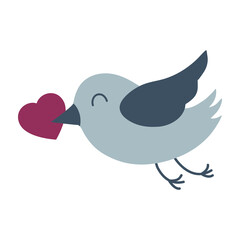 A cute cartoon bird holds a heart in its beak. Element for romantic design for Valentines Day. Vector illustration for greeting cards, postcards, invitations, posters