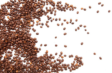 Roasted coffee beans isolated on white background.