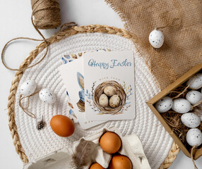 Fototapeta na wymiar Easter mockup with traditional eggs and sack decor