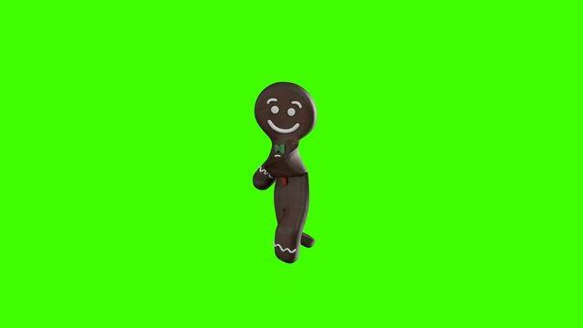 Chocolate Christmas cookie. Gingerbread man Dancer 3D animation of funny, hot and sweet cookie boys dancing for holiday and kid event, show, party. Green screen