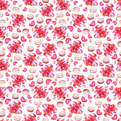 Watercolor Valentines Day seamless pattern. Hand painted colorful background with pink and red hearts and candies.