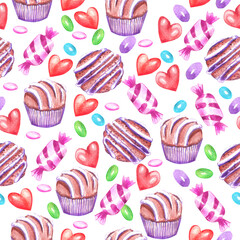 Watercolor Valentines Day seamless pattern. Hand painted colorful background with hearts, flowers, candies.