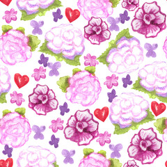 Watercolor Valentines Day seamless pattern. Hand painted colorful background with red hearts and  pink flowers.