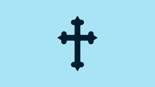 Blue Christian cross icon isolated on blue background. Church cross. 4K Video motion graphic animation