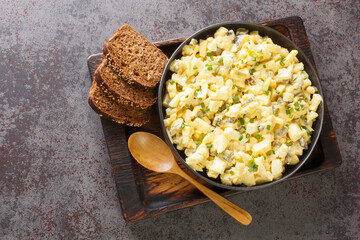 Homemade egg salad with apples and pickles seasoned with sauce served with rye bread close-up in a bowl on the table. Horizontal top view from above