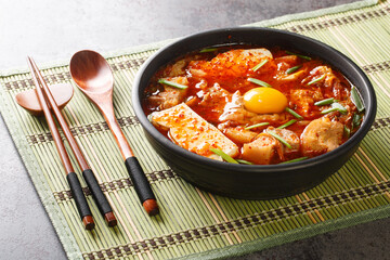 Spicy soft tofu stew with kimchi and pork belly  closeup on the bowl on the table. Horizontal