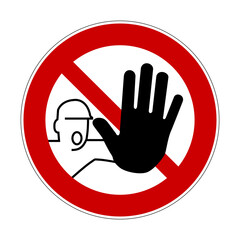 No unauthorized entry sign. Vector illustration of red crossed out circular sign with screaming man with hand stopping. No access prohibition symbol. No entry. Do not touch.