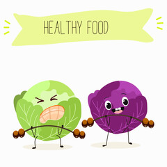 Illustration with funny characters cabbage, red cabbage. Funny and healthy food. Vitamins, cute face food, ingredients, vegetarianism, vector cartoon, antioxidant.