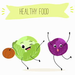 Illustration with funny characters cabbage, red cabbage. Funny and healthy food. Vitamins, cute face food, ingredients, vegetarianism, vector cartoon, antioxidant.