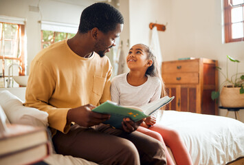 Black family, dad reading book to child for learning, support and language development, bonding in...